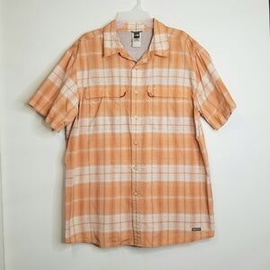 Noth Face Men's Orange Plaid Shortsleeve Buttondown Casual Outdoor Shirt, XL